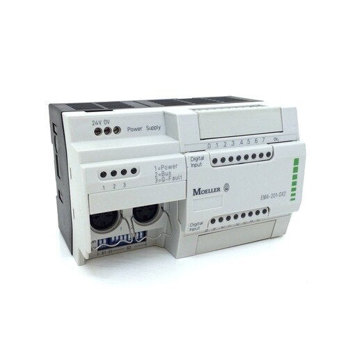 Moeller EM4-201-DX2 is a digital input expansion module for Moeller PLC systems, designed to increase the number of 24VDC digital inputs in industrial automation applications.