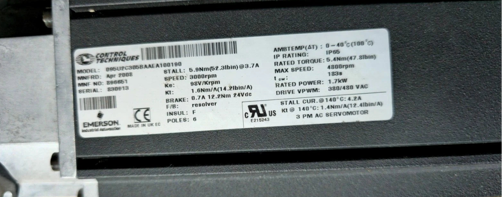 Control Techniques Unimotor 095U2C305BAAEA100190 – 1.7kW Servo Motor – IP65 – With Cables