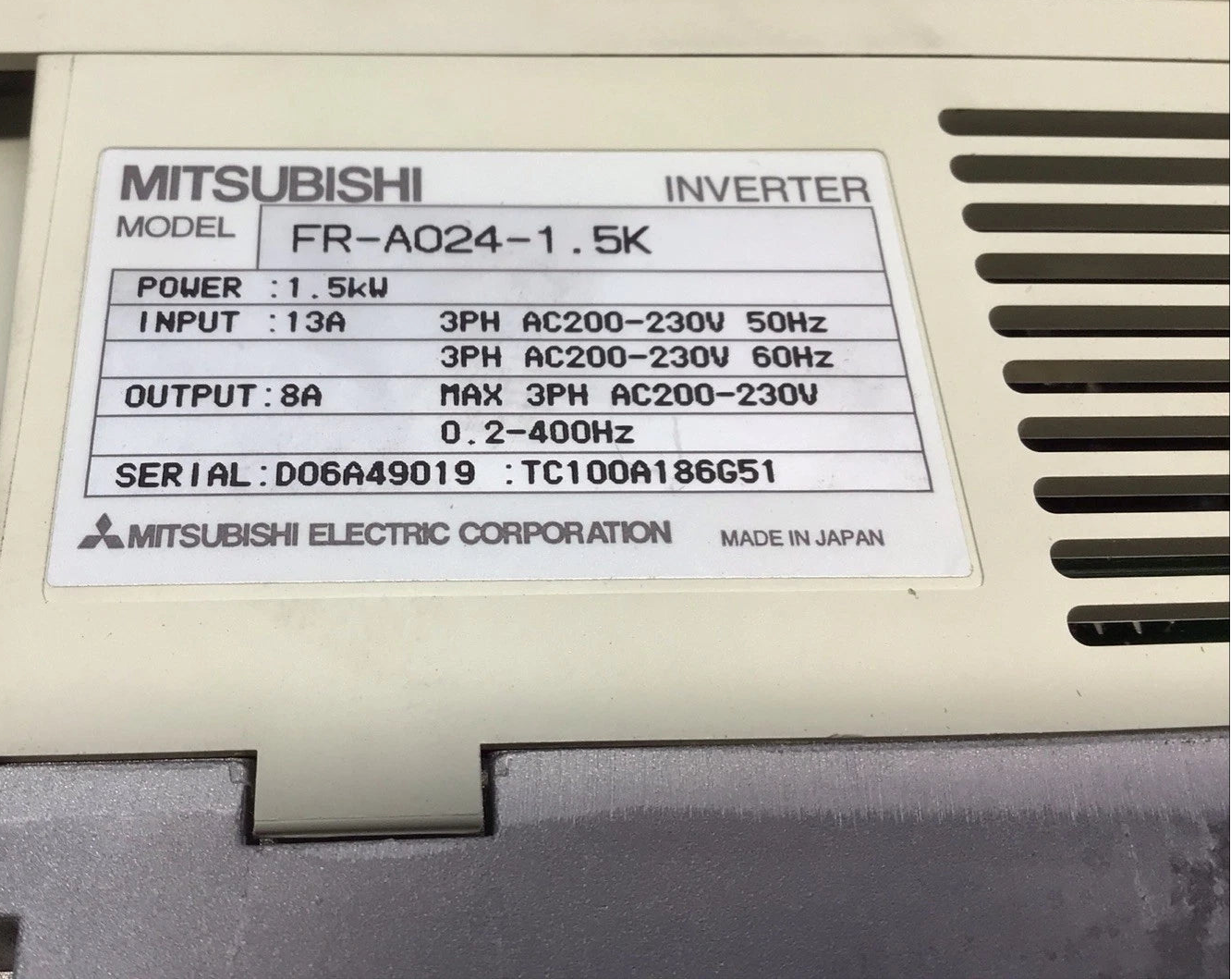 Mitsubishi FR-A024-1.5K Inverter | 1.5 kW | 3-Phase 200–230 V | FR-A Series
