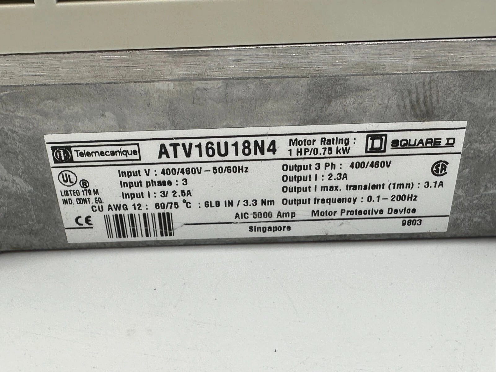 Telemecanique Altivar 16 ATV16U18N4 AC Variable Frequency Drive 1HP 0.75kW 400–460V