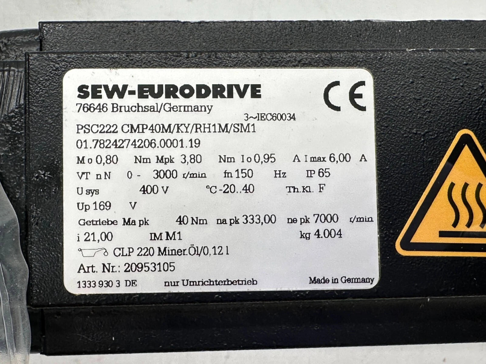 SEW-EURODRIVE PSC222 CMP40M/KY/RH1M/SM1 Servo-Planetengetriebemotor i=21,00 IP65 400V