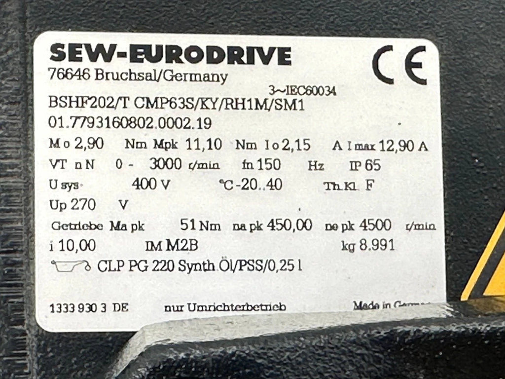 SEW-EURODRIVE BSF202/T CMP63S/KY/RH1M/SM1 Servo Gearmotor Assembly
