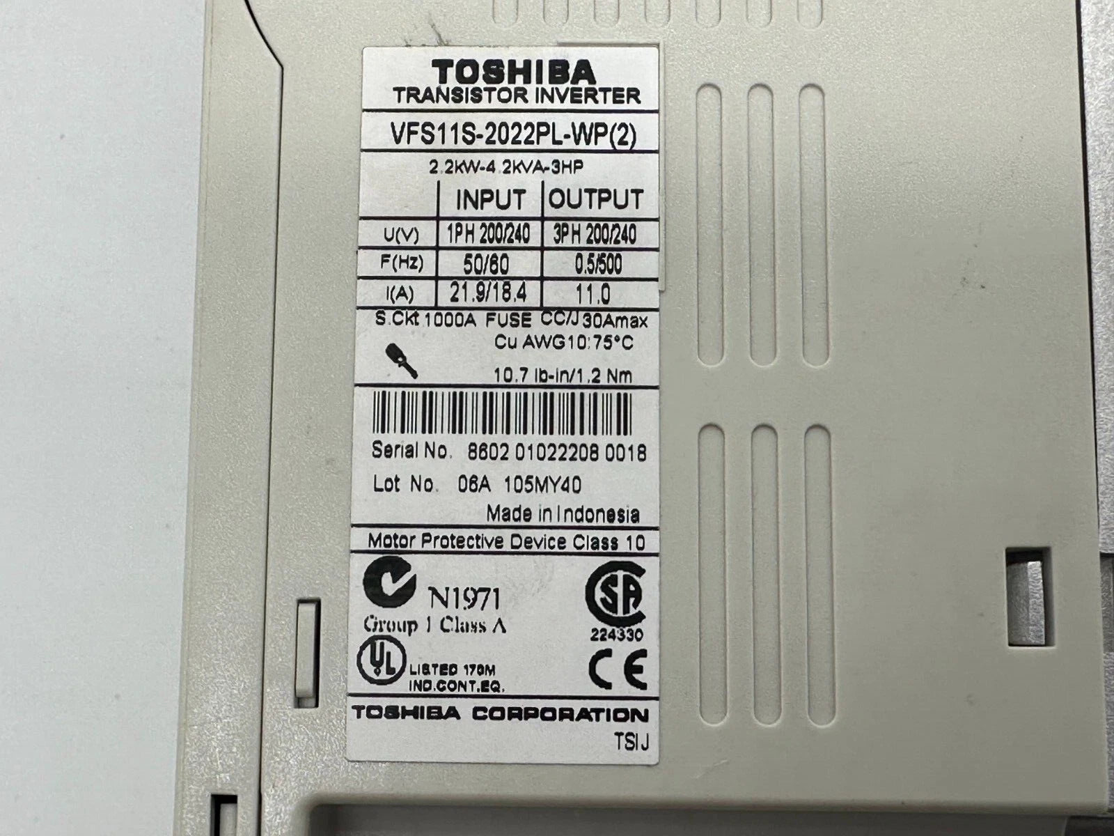 Toshiba VFS11S-2022PL-WP Inverter | 2.2kW 3HP VFD 200–240V