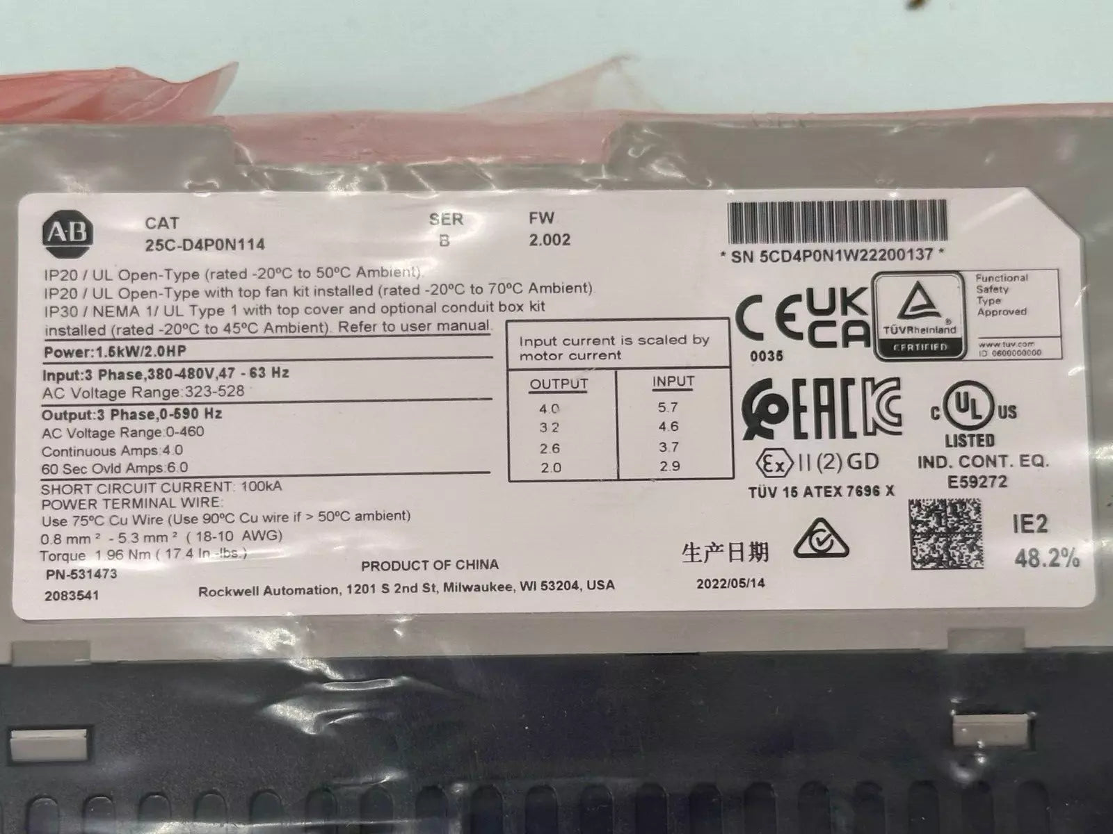 Allen Bradley 25C-D4P0N114 Ser.B PowerFlex 527 2HP AC Drive inverter