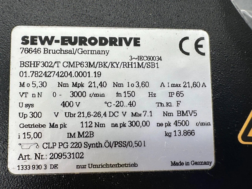 SEW-EURODRIVE BSHF302/T CMP63M/BK/KY/RH1M/SB1 Servo Gearmotor Assembly