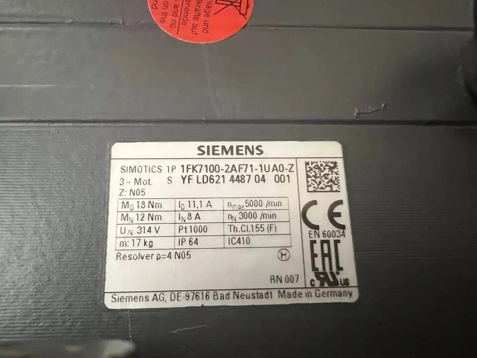 Siemens SIMOTICS S 1FK7100-2AF71-1UA0-Z Servo Motor 314V IP64 Resolver
