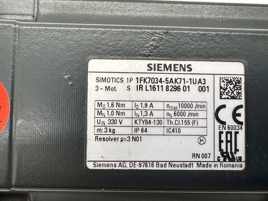 Siemens SIMOTICS 1P 1FK7034-5AK71-1UA3 Servo Motor 330V IP64 Resolver
