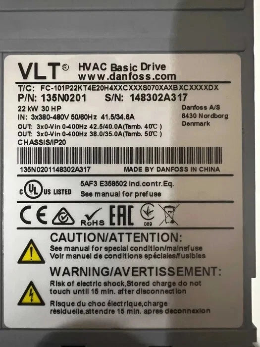 Variador de frecuencia básico Danfoss VLT HVAC FC-101 22 kW 400 V (135N0201) IP20