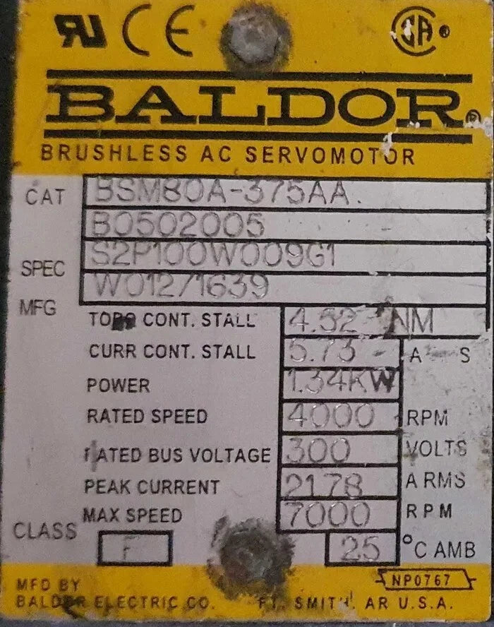 Baldor BSM80A-375A Brushless AC Servo Motor 1.34kW 4000RPM 300V