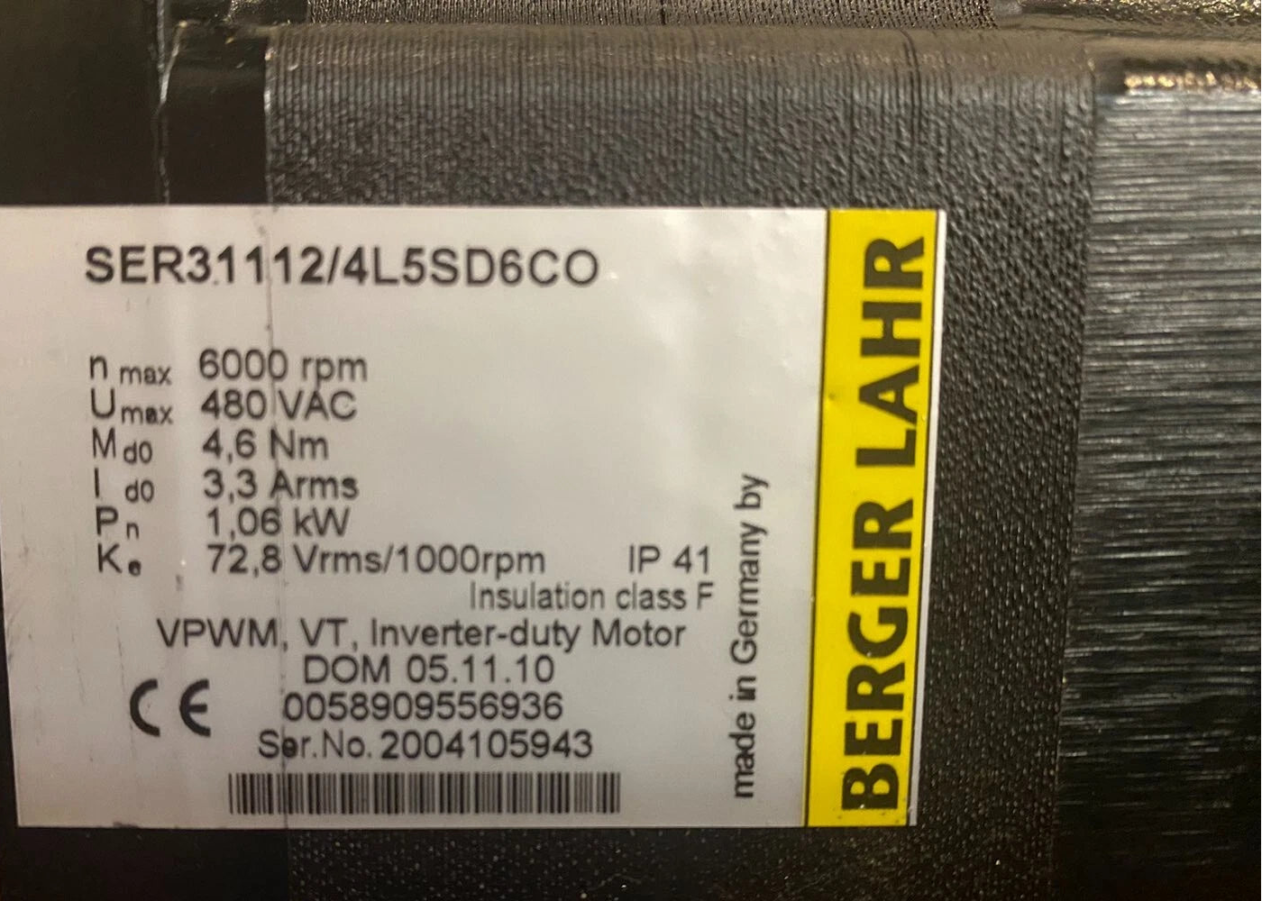 Berger Lahr SER31112/4L5SD6CO AC Servo Motor 1.06kW 6000rpm 480VAC