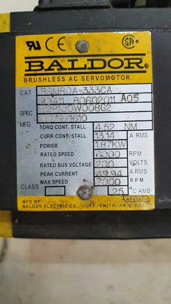 Baldor BSM80A-333CA Servo Motor 1.87kW 6000RPM 200V AC