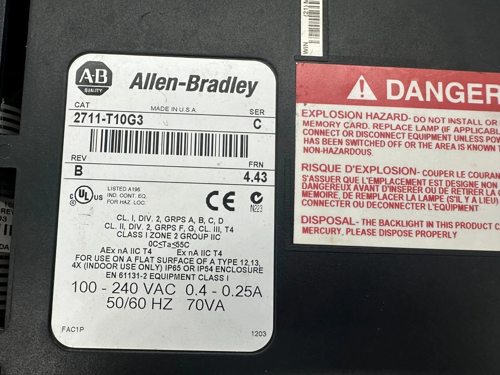 Allen-Bradley PanelView 1000 HMI 2711-T10G3 | Touchscreen Operator Terminal, Series C / Rev. B