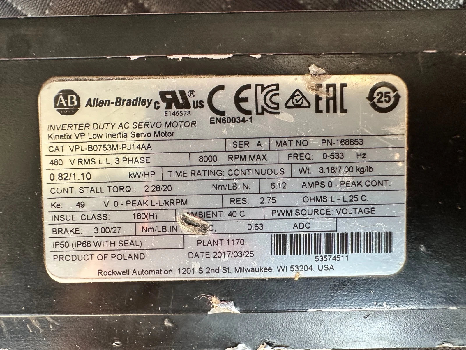 Allen-Bradley Kinetix VP Servo Motor VPL-B0753M-PJ14AA,Ser.A 0.82 kW, 480V, 8000 RPM