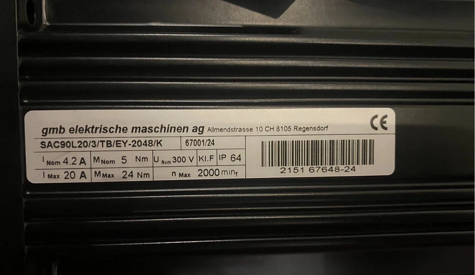 Servomotor de CA GMB SAC90L20/3/TB/EY-2048/K, 300 V, 5 Nm, 2000 rpm, IP64