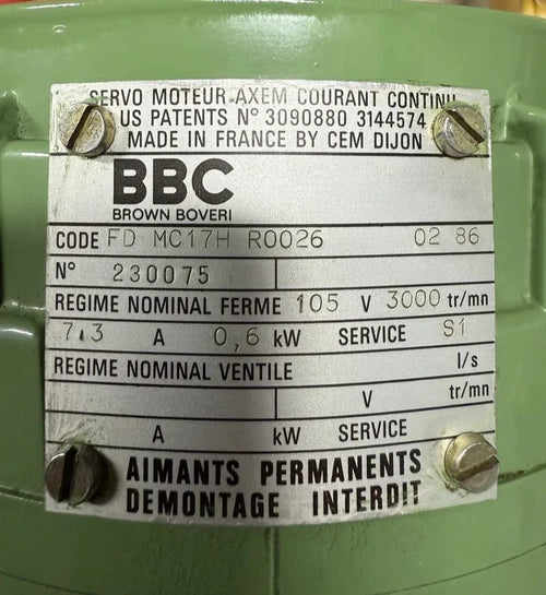 BBC Brown Boveri FD MC17H R0026 DC-Servomotor – 105 V, 0,6 kW, 3000 U/min