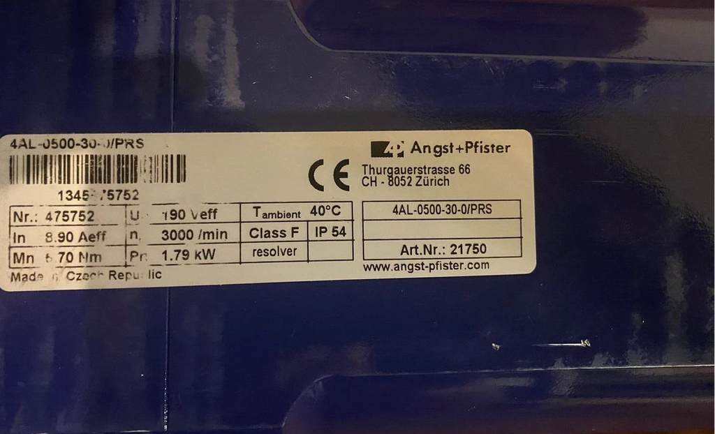 Servomotor de CA Angst+Pfister 4AL-0500-30-0/PRS de 1,79 kW, 70 Nm y 3000 rpm