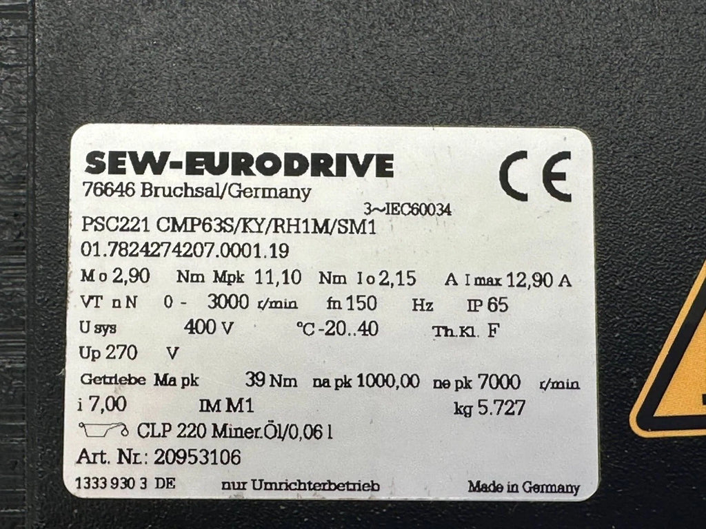 SEW-EURODRIVE PSC221 CMP63S/KY/RH1M/SM1 Servo Planetary Gearmotor i=7.00 IP65 400V