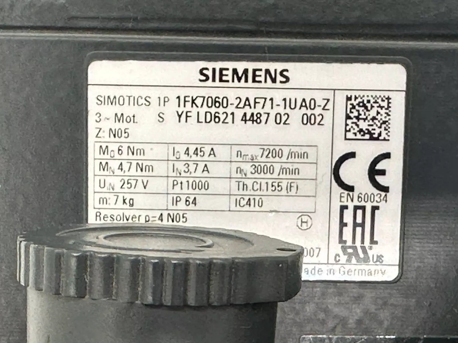 Siemens SIMOTICS S 1FK7060-2AF71-1UA0-Z Servomotor 257V IP64 Resolver