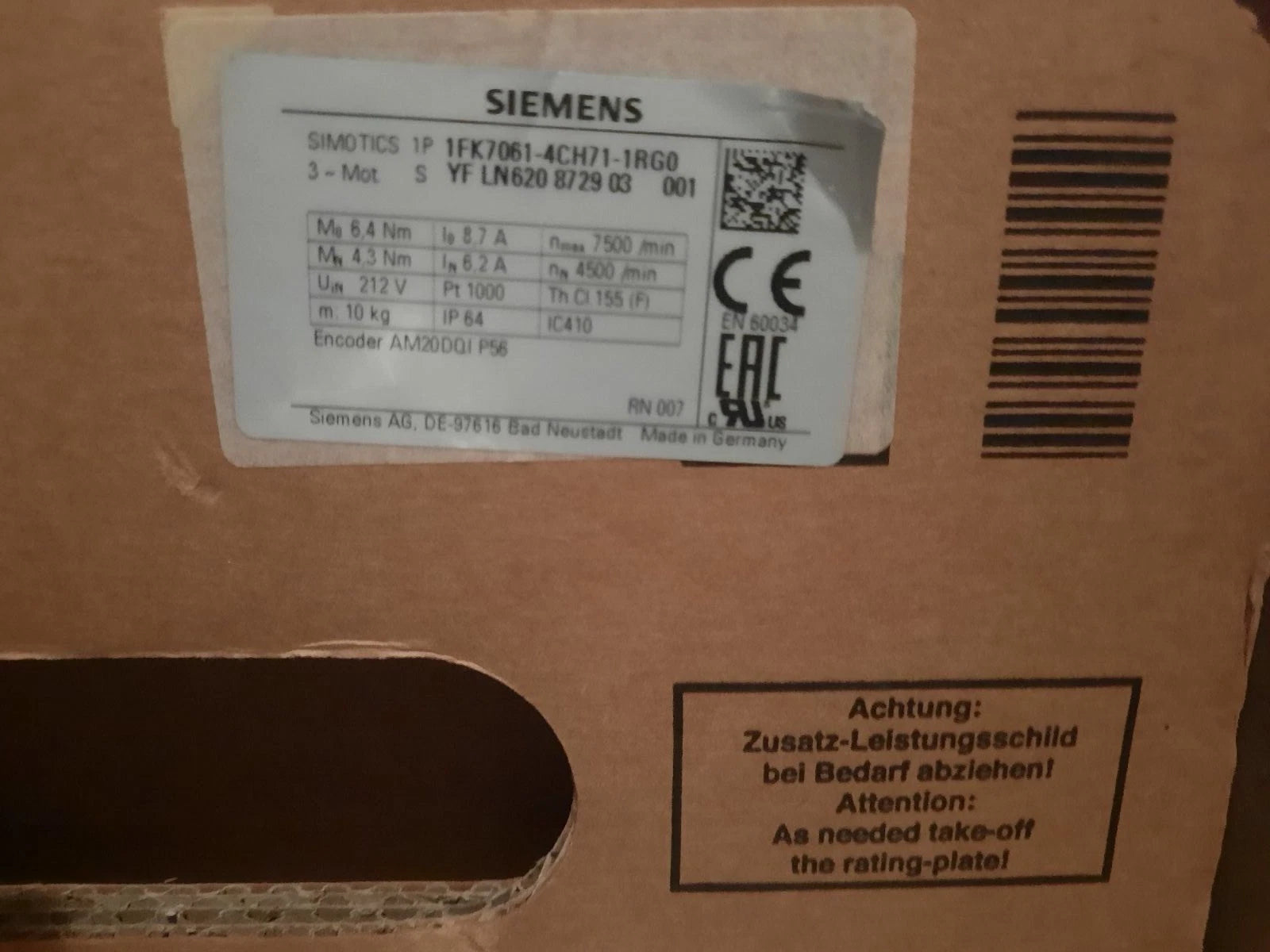 Siemens 1FK7061-4CH71-1RG0 Servomotor 2kW 6,4Nm 7500U/min IP64 SIMOTICS S 1FK7 Absolutwertgeber