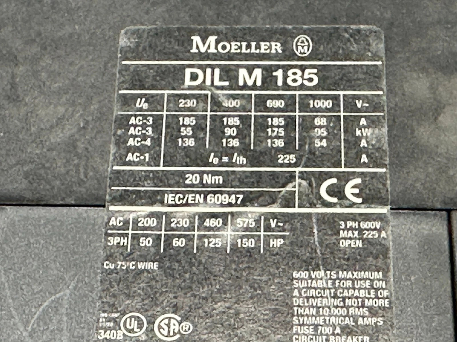 Moeller DILM185/22 (RAC500) Power Contactor – 185A AC-3, 3-Pole, IEC/EN 60947