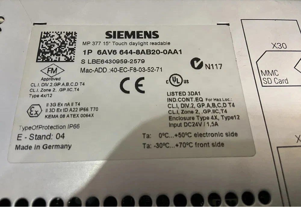 Siemens SIMATIC MP 377 15" Touch Panel 6AV6644-8AB20-0AA1 | HMI Multi Panel | IP66