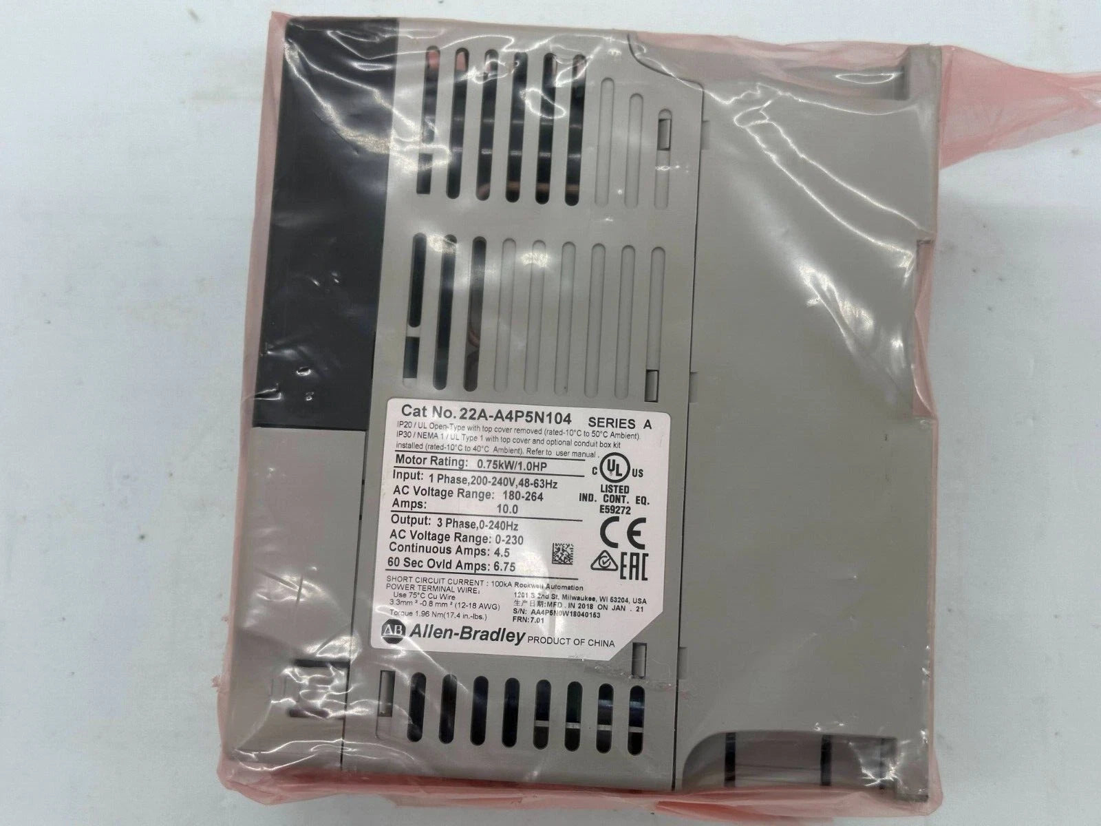 Allen-Bradley PowerFlex 4 AC Drive 22A-A4P5N104, 0.75kW / 1HP, 1-Phase 200–240V