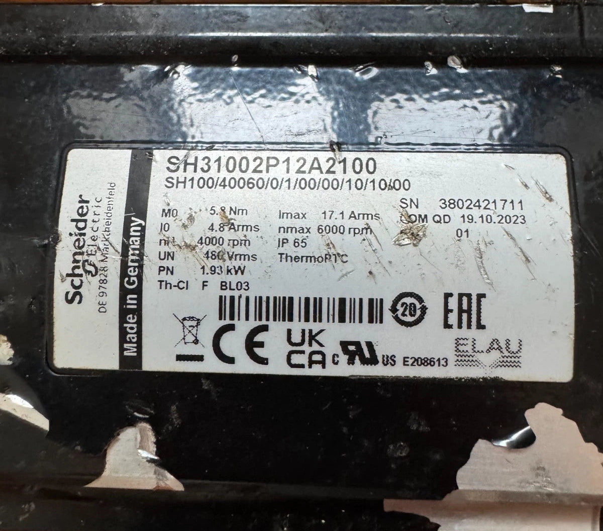 Schneider Electric SH31002P12A2100 | SH100/40060/0/1/00/00/10/10/00 AC Servo Motor | 1.93 kW | 5.8 Nm | 4000 rpm