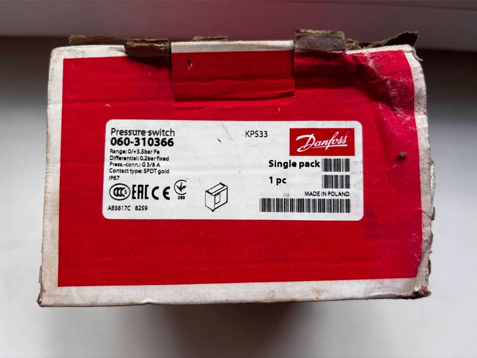 Presostato Danfoss KPS33 0–3,5 bar | Contactos SPDT dorados | G3/8 | N.º de pieza: 060-310366