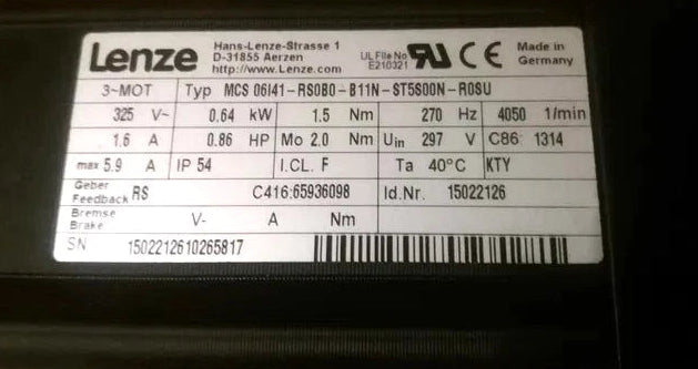 Lenze MCS 06I41-RS0B0-B11N-ST550N-R0SU Servo Motor – ID 15022126 – 0.64 kW, 325V, 4050 RPM