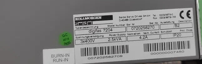 Kollmorgen Seidel digifas 7204 Servo Drive – 3x400V, 2.5kVA, 4.2A, IP20 /B2